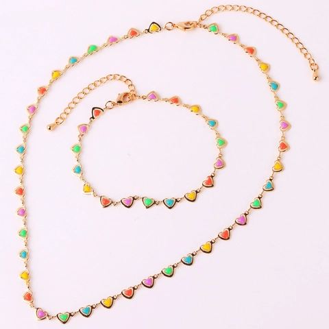 Colorful Heart Enamel Necklace Bracelet Brass Gold Plated Oil Drip Chic Trendy Minimalist Jewelry For Women