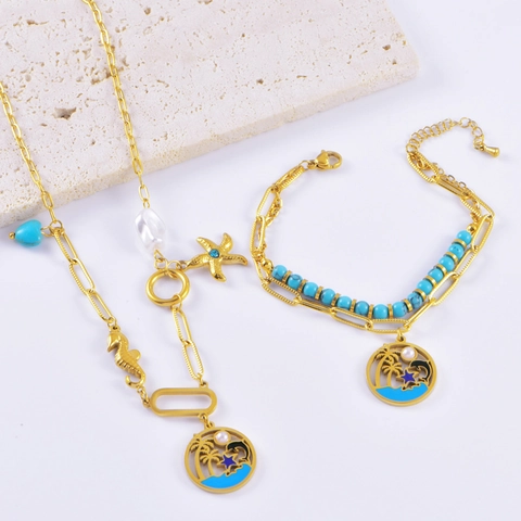 Set di Collana e Bracciale a Tema Oceano in Acciaio al Titanio Oro Seahorse Stella Marina Palma Perla Artificiale Strass Gioielli da Donna
