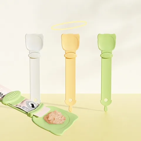 Cat Treat Dispenser Spoon Squeezer HIPS Plastic Long Handle Feeding Tool Cartoon Cat Shape For Kittens Snacks Meat Puree