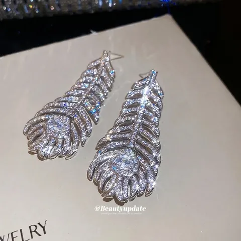 Feather Dangle Earrings With Cubic Zirconia Brass Statement Jewelry With Silver Earring Post Elegant Party For Women