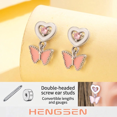 Pink Heart Zircon Enamel Butterfly Cartilage Stud Earring With Titanium Steel Screw Bar Piercing Jewelry For Women