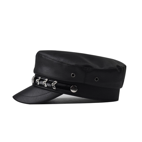 Cappello Militare Nero In Pelle PU Da Donna Berretto Da Marinaio A Cima Piatta Con Rivetti A Freccia Argento Vintage