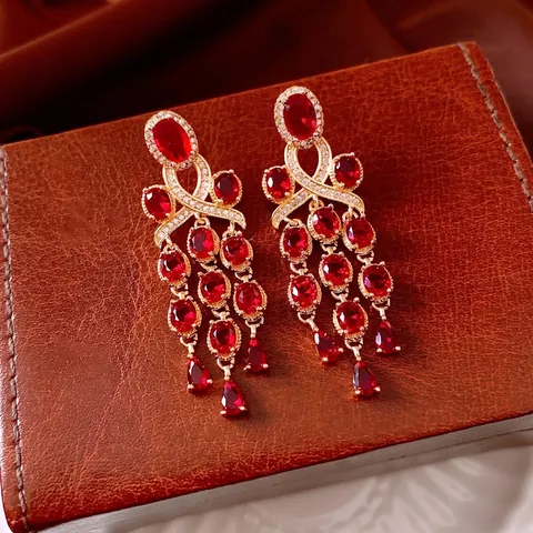 Vintage Tassel Drop Earrings With Silver Earring Post Copper Red Zircon Luxury Evening Jewelry For Women