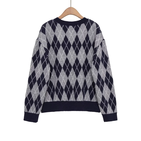 Argyle Strickpullover Damen V-Ausschnitt Langarm Vintage Geometrisches Muster Lässige Strickwaren