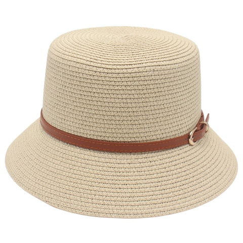 Women Straw Woven Bucket Hat Wide Brim Sun Protection Summer Vacation French Style Flat Top With Leather Belt Buckle