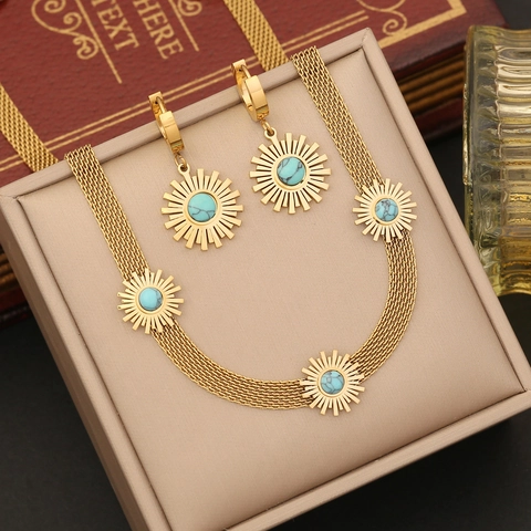 Collana Pendente Sole Turchese Acciaio Inossidabile Catena Maglia Gioielli Boho Vintage Per Donna Placcato Oro