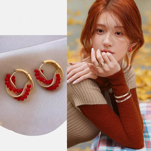 Eleganti Orecchini A Cerchio Con Perline Di Vetro Rosso E Perno In Argento Gioielli Vintage Placcati Oro Donna