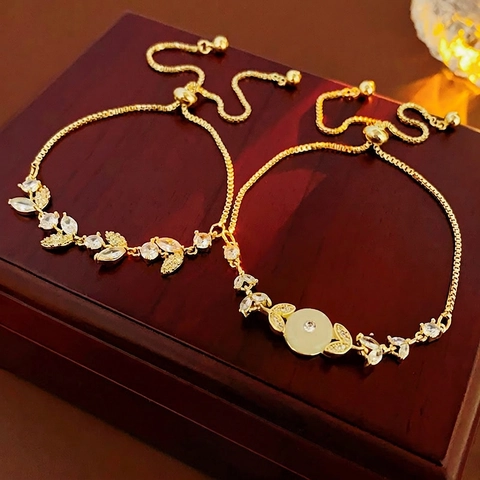 Leaf Zircon Bracelet Gold Plated Copper Adjustable Drawstring Floral Chain Jewelry For Women Elegant Fashion Accessory
