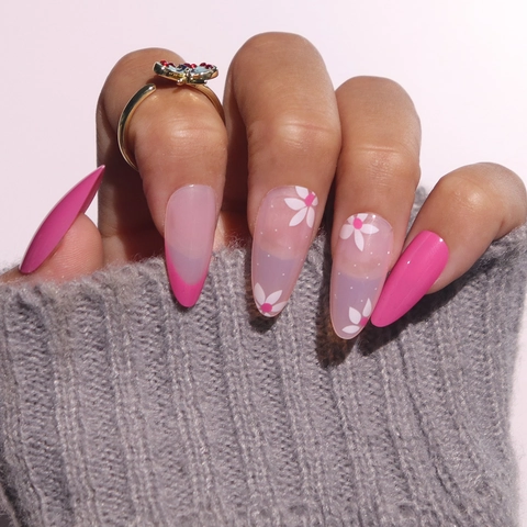 Uñas Postizas Rosas Margarita Larga Almendra Puntas Francesas Brillantes Dulces Uñas Artificiales Para Manicura Mujer