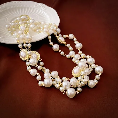 Vintage French Multilayer Artificial Pearl Necklace Alloy Oval Rhinestone Accents Long Sweater Chain Elegant Jewelry For Women