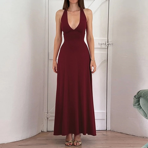 Sexy Halter Neck Maxi Dress Polyester Spandex Knitted Deep V Backless High Waist Sleek Solid Color Evening Gown For Women