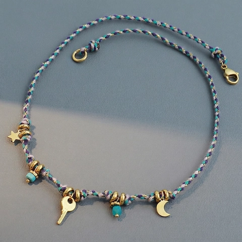 Boho Πλεκτό Κολιέ Με Μενταγιόν 18K Επιχρυσωμένο Ανοξείδωτο Ατσάλι Κλειδί Φεγγάρι Αστέρι Φυσική Πέτρα Έθνικ Κοσμήματα