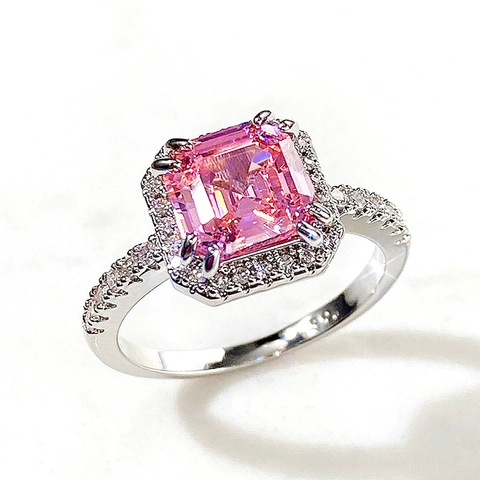 Τετράγωνο Ροζ Δαχτυλίδι Ζιργκόν Χάλκινο Princess Halo Micro Pave Κομψά Πολυτελή Κοσμήματα Για Γυναίκες