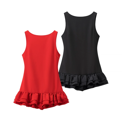 Robe Courte Sans Manches Dos Nu Satin Polyester Ourlet À Volants Sexy Élégant Clubwear Pour Femmes