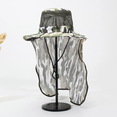 Camouflage Outdoor Sun Hat With Neck Flap Wide Brim Breathable Mesh Fishing Hiking Cap For Men