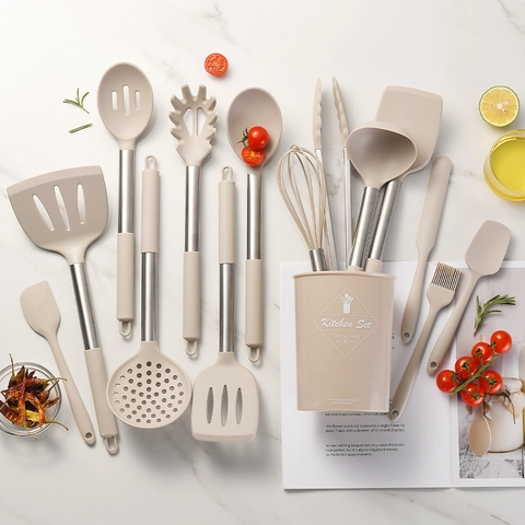 Utensili Da Cucina In Silicone Manico In Acciaio Inox Resistente Al Calore Spatola Mestolo Frusta Pinze Secchio