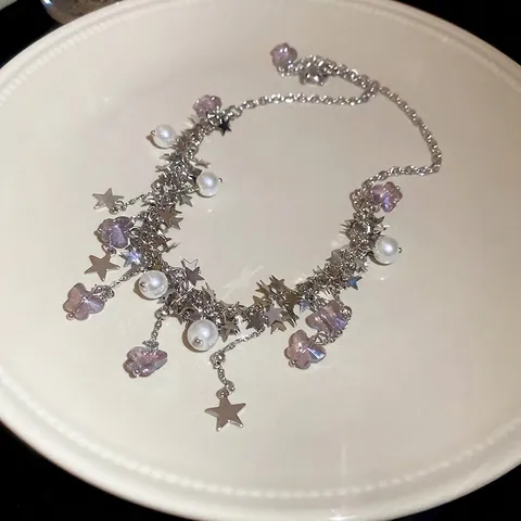 Stainless Steel Butterfly Star Faux Artificial Pearl Tassel Necklace Sweet Fairy Y2K Choker Jewelry For Women