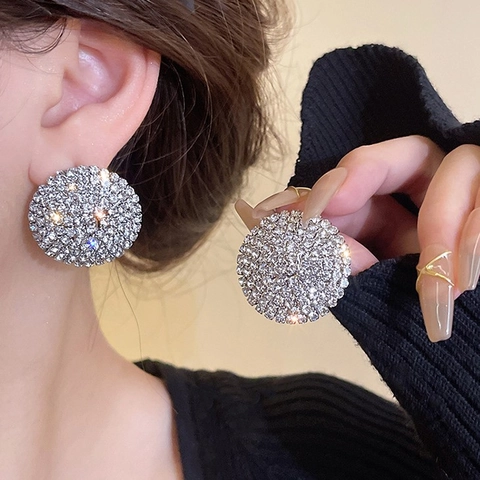Round Rhinestone Stud Earrings Shiny Geometric Alloy Luxury Fashion Jewelry For Women With Silver Earring Post