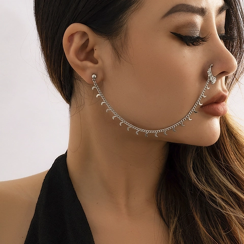Ethnic Boho Moon Tassel Chain Nose To Ear Ring Non Pierced Nose Clip With Stud Earring Alloy Copper Plated Jewelry For Women