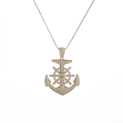 Hip Hop Anker Steuerrad Anhänger Halskette Kupfer Mit Zirkonia Nautischer Schmuck Für Herren