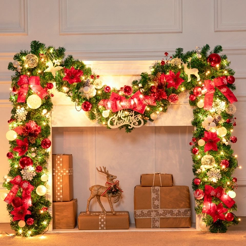 Christmas Garland With Warm LED Lights Artificial Pine Rattan Decorated With Bows Flowers Ornaments For Fireplace Mantle Stair Holiday Decor