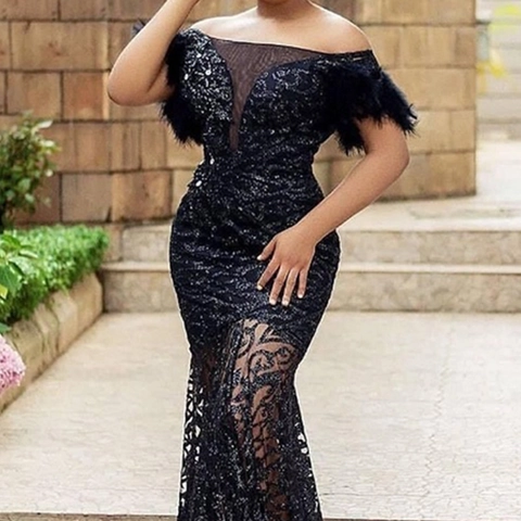 Damen Off-Shoulder Pailletten Meerjungfrau Abendkleid Mit Federn Spitze Mesh Schlanke Passform Lange Partykleid Elegant