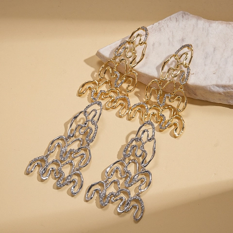 Alloy Rhinestone Irregular Geometric Twisted Wave Drop Earrings With Silver Earring Post Modern Artistic Jewelry Women