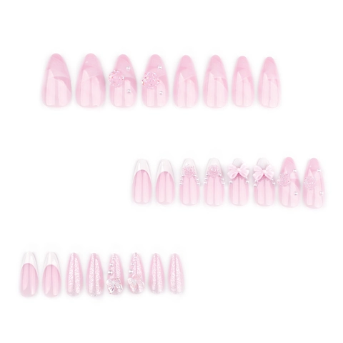 Künstliche Fingernägel Zum Aufkleben Mit 3D Schleife Rosen Und Künstliche Perlen Französisches Rosa Weiß Farbverlauf Mandelform
