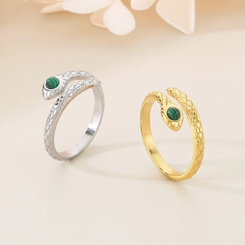 Anillo Serpiente Vintage Acero Inoxidable Malaquita Incrustada Abierto Ajustable Patrón Rombos Forma Animal Joyería Moda Mujer