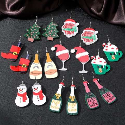 Cartoon Weihnachten Acryl Hängeohrringe Mit Eisenhaken Schneemann Weihnachtsbaum Weinglas Festlicher Neuheitenschmuck