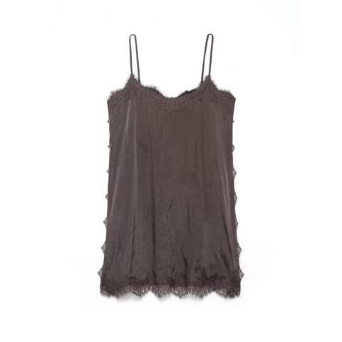 Women Satin Camisole Top With Eyelash Lace Trim Spaghetti Strap V Neck Sexy Slim Fit Coffee Brown