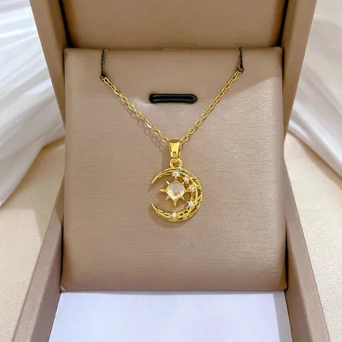 Moon Star Pendant Necklace Gold Plated Stainless Steel Chain Copper Zircon Synthetic Opal Sparkling Jewelry For Women