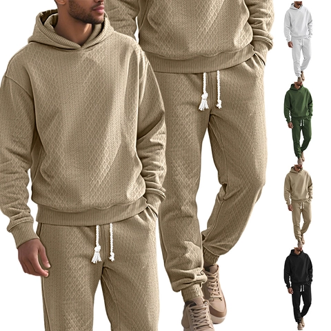 Men Textured Jacquard Hoodie And Pants Casual Sportswear Waffle Knit Drawstring Urban Fashion Tracksuit