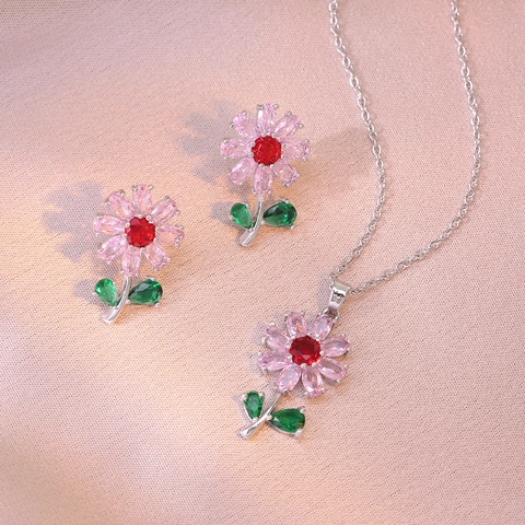 Set di Gioielli in Acciaio al Titanio con Fiori di Strass per Donna Elegante Collana con Ciondolo a Margherita Orecchini a Bottone Gioielli Moda Pendolare