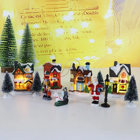 Miniatur Weihnachtsdorf Landschaft Harz LED Beleuchtete Häuser Schneeszene Desktop Dekorative Ornamente Festgeschenk