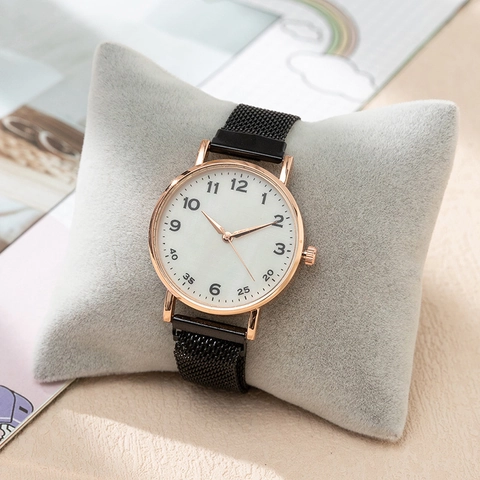 Fashion Women Quartz Watch With Magnetic Milanese Mesh Strap Minimalist Round Analog Dial Arabic Numerals Ladies Wristwatch
