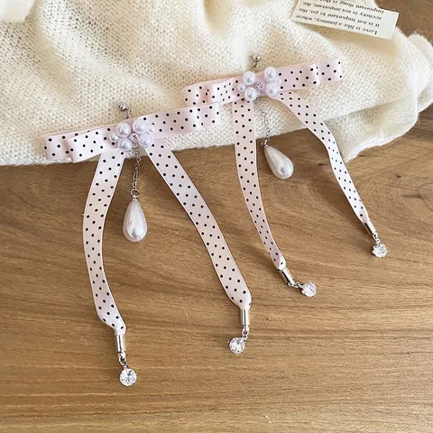Roze Polka Dot Lint Boog Drop Oorbellen Met Imitatie Kunstparel Zirkoon Zilveren Oorbel Post Zoete Stijl Voor Vrouwen