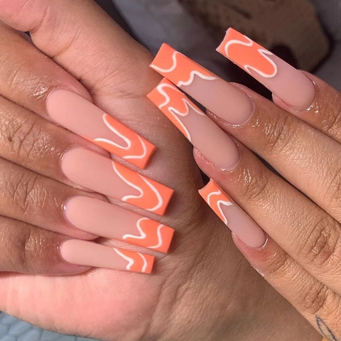 Orange French Press On Nails Long Coffin Shape Fake Nails With White Wave Lines Minimalist Summer Style For Women