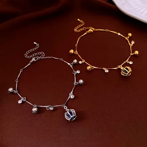 Bracciale Con Ciondolo A Corona Con Strass Blu Lega Catena Campanelli Gioielli Di Lusso Vintage Moda Da Donna