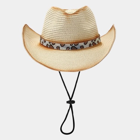 Chapeau De Cow-Boy En Paille Pour Femmes Bande Léopard Perles Protection Solaire Plage Vacances Cordon Ajustable Style Western
