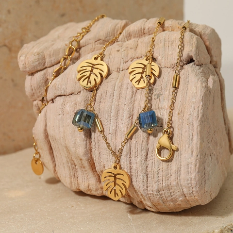 Monstera Leaf Necklace Stainless Steel Hollow Tropical Leaf Blue Cube Crystal Pendant Elegant Jewelry For Women