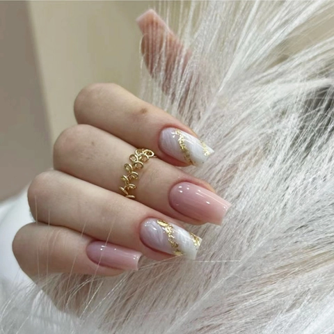 Rosa Marmor Gold Glitzer Künstliche Fingernägel Ballerina Kunstnägel Zum Aufkleben Volle Abdeckung Für Damen Nail Art Dekor