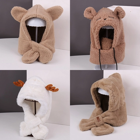 Bonnet Hiver Peluche Femme Écharpe Gants Protection Oreilles Fausse Fourrure Épaisse Chaud Extérieur Oreilles Animaux Mode