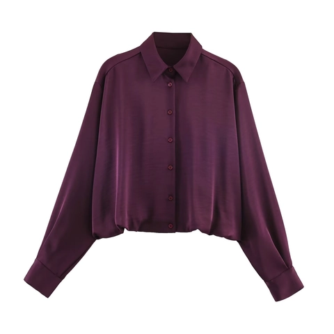 Blusa In Raso Da Donna Maniche Lunghe Colletto A Revers Bottoni Texture Setosa Orlo A Palloncino