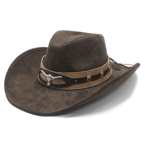 Cappello Da Cowboy Western Vintage Similpelle Scamosciata Tesa Larga Arrotolata Decorazione Testa Di Toro Metallo Cintura Borchie