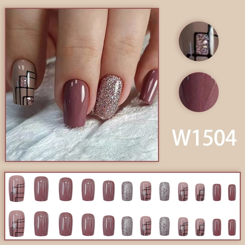 Press On Nails Short Square Round Glossy Glitter Geometric Line Patterns Plastic Artificial Fake Nail Tips Elegant Chic