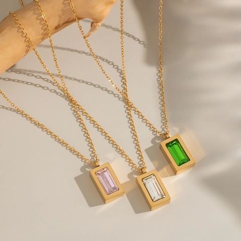 Collana Con Ciondolo In Acciaio Inossidabile Zircone Rettangolo Geometrico Impermeabile Ipoallergenico Gioielli Minimalisti Lusso Per Donna