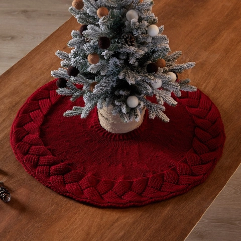 Christmas Tree Skirt Mini Knit Acrylic Braided Cable Pattern Decor For Desktop Table Holiday Ornament