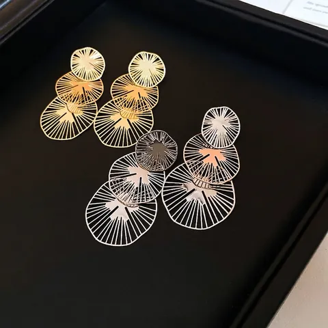 Geometric Tiered Round Drop Earrings With 925 Sterling Silver Earring Post Hollow Out Sunray Pattern For Women Chic Jewelry