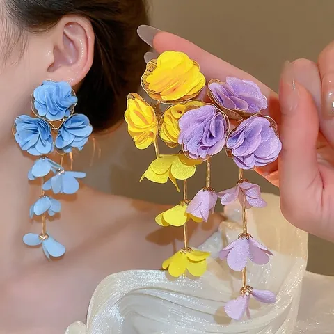 Blumen Quasten Ohrhänger Mit Chiffon Stoff Und 925 Sterling Silber Ohrstecker Handgefertigter Urlaubsstil Für Damen